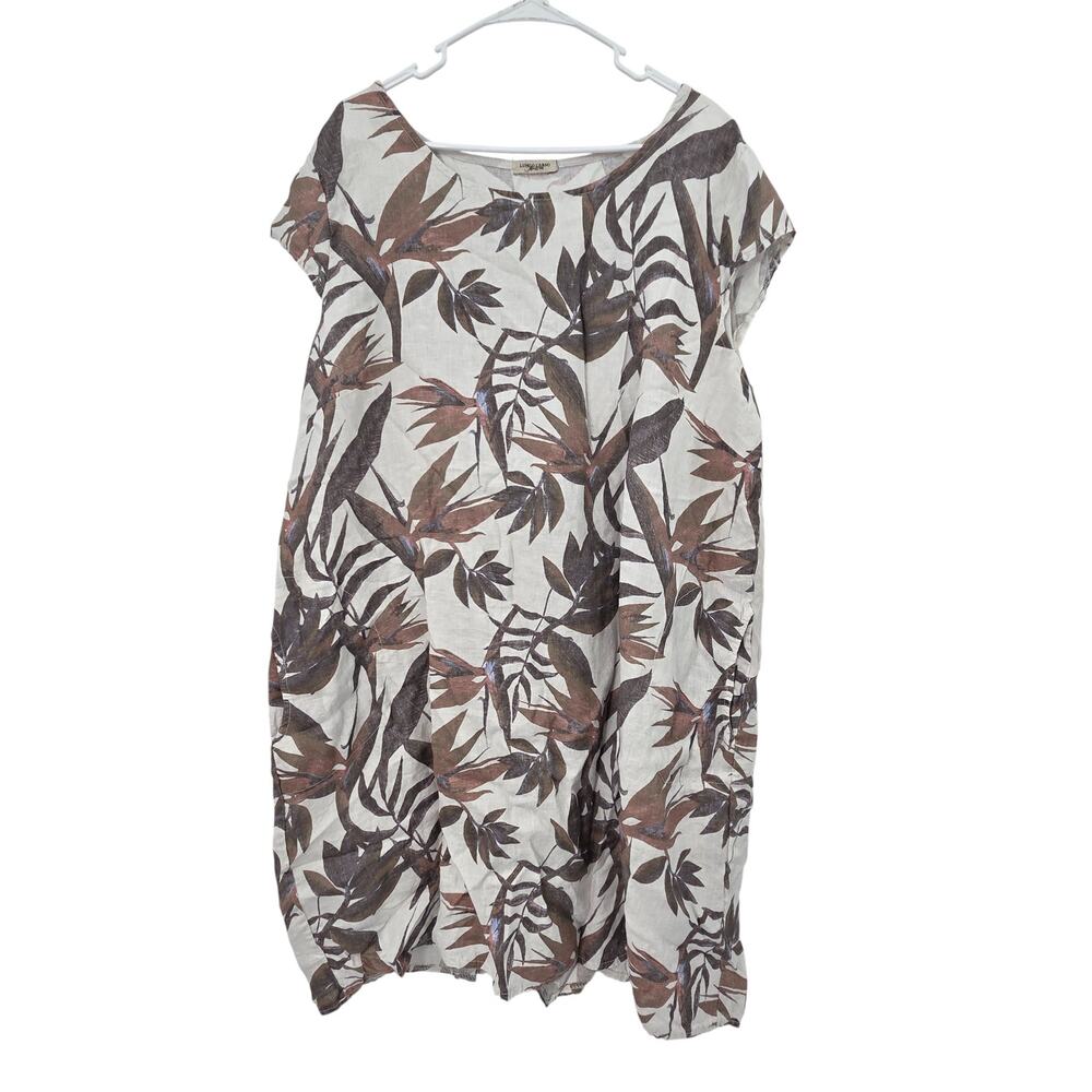 LUNGO L'ARNO 3X MADE IN ITALY LINEN TROPICAL PRINT CAP SLEEVE MIDI DRESS